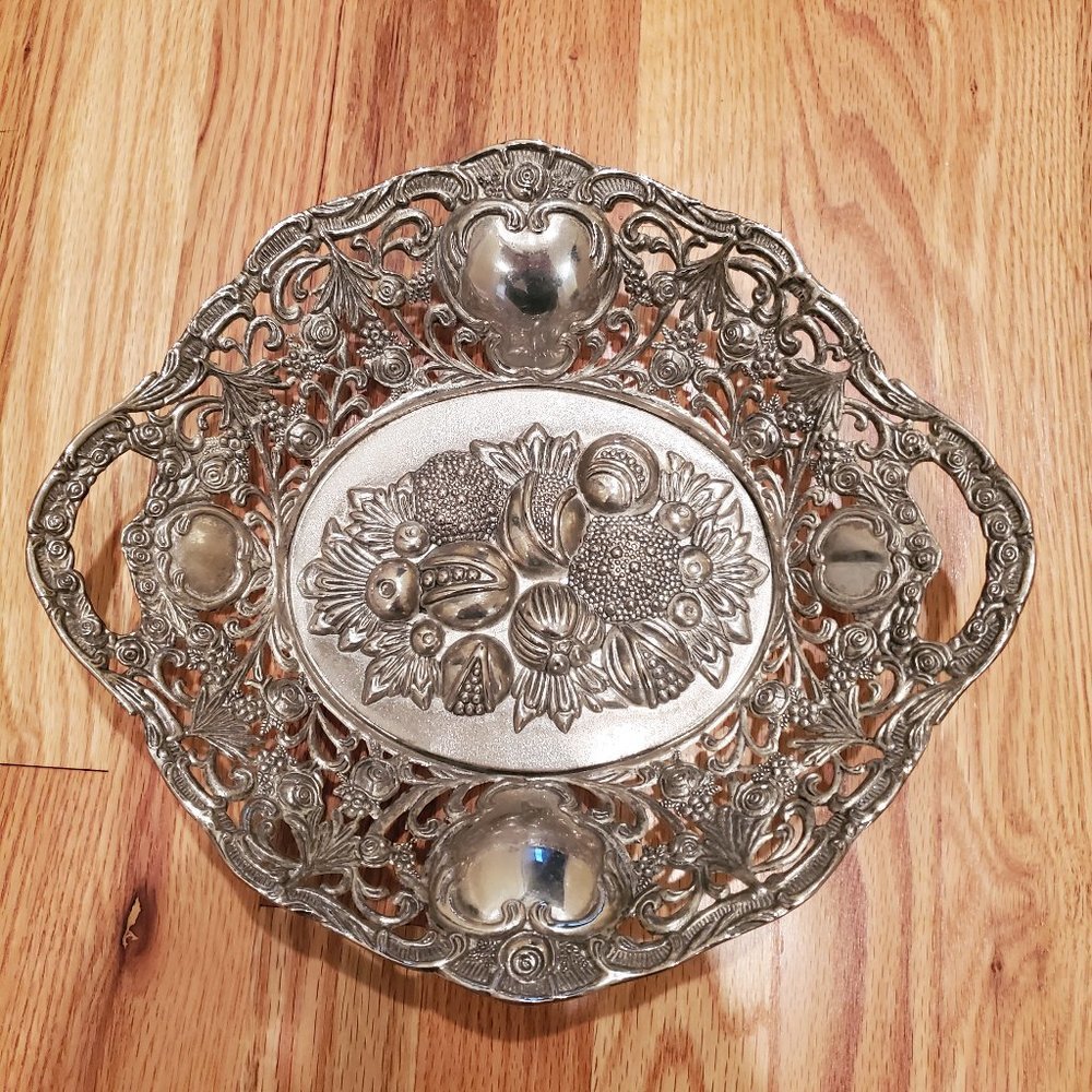 Mid-Century Vintage Handmade Nickel Bowl Raised Vegetable Design and Handles
